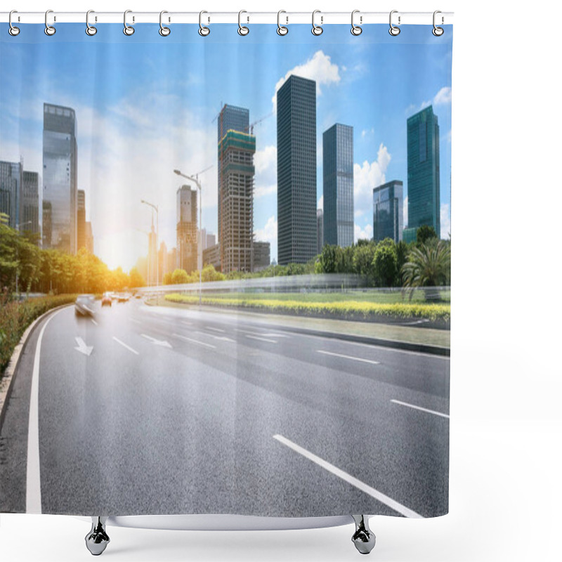 Personality  Asphalt Road Of A Modern City With Skyscrapers As Background Shower Curtains