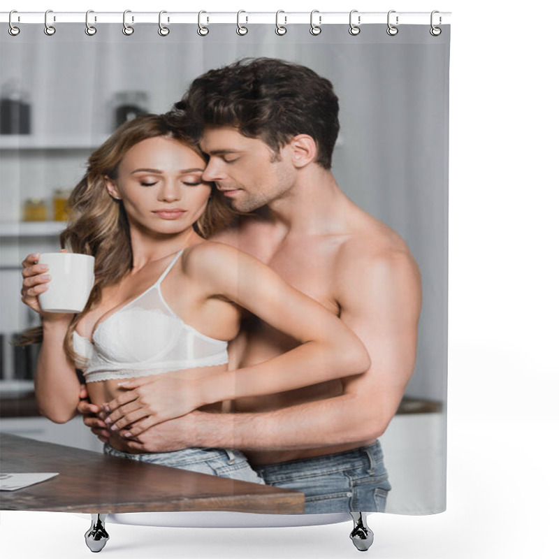 Personality  Sexy Man Hugging Girlfriend In Bra With Cup In Kitchen  Shower Curtains