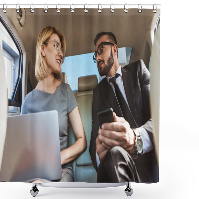 Personality  Low Angle View Of Handsome Businessman And Assistant Working In Car With Laptop And Smartphone Shower Curtains