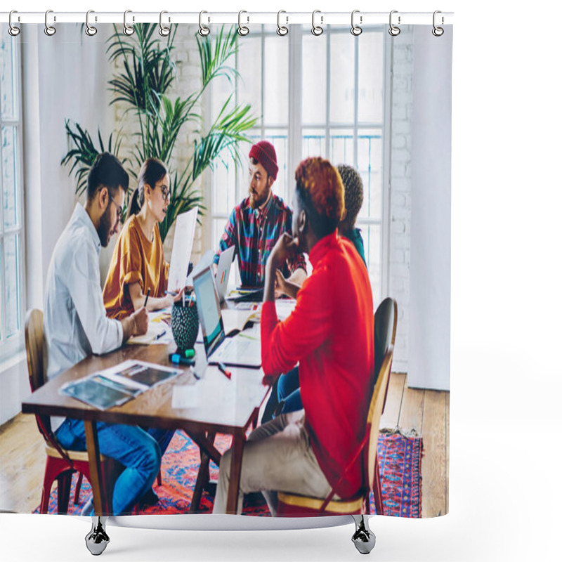 Personality  Young Female Employee Reading Report For Colleagues And Male CEO During Conference , Crew Of Multiracial Creative Designers Sitting At Meeting Table For Discussing Ideas For Improving Busines Shower Curtains