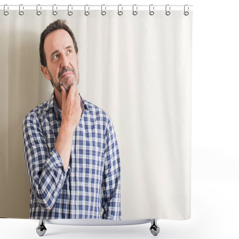 Personality  Senior Man Serious Face Thinking About Question, Very Confused Idea Shower Curtains