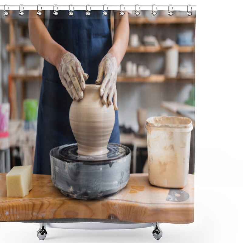 Personality  Partial View Of Young African American Woman Shaping Wet Clay Pot On Wheel In Pottery Shower Curtains