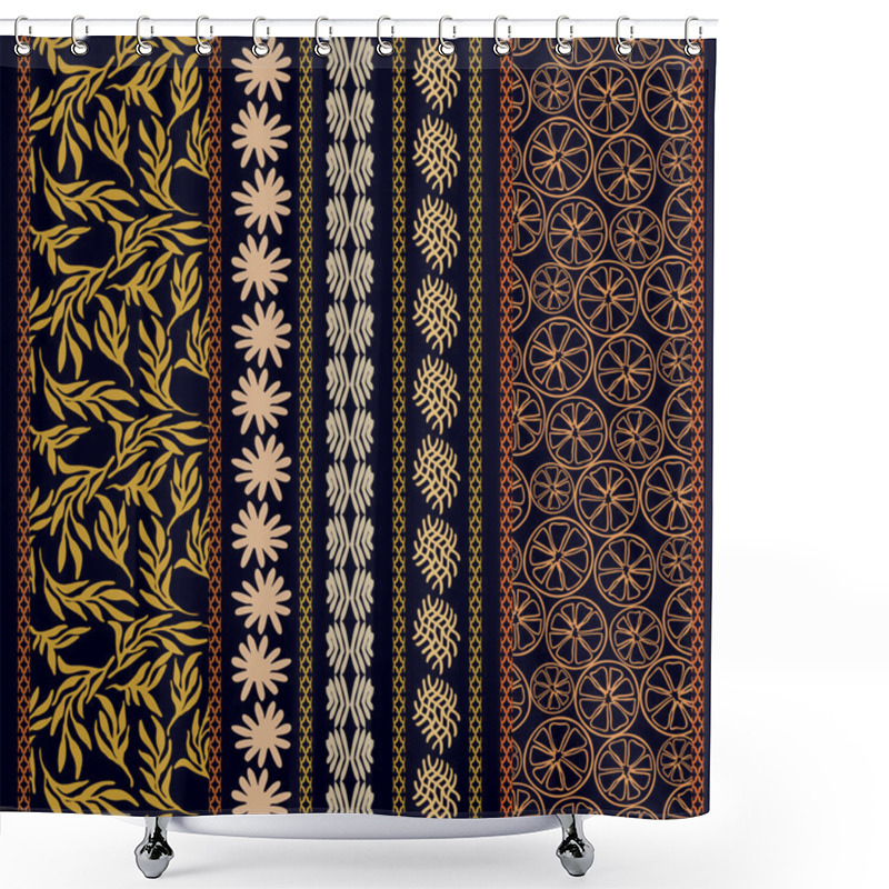 Personality  Set Of Floral Embroidery Borders With Bohemian Motifs. Hand Drawn Seamless Leaves Pattern, Oranges, Doodle Stripes. Shower Curtains