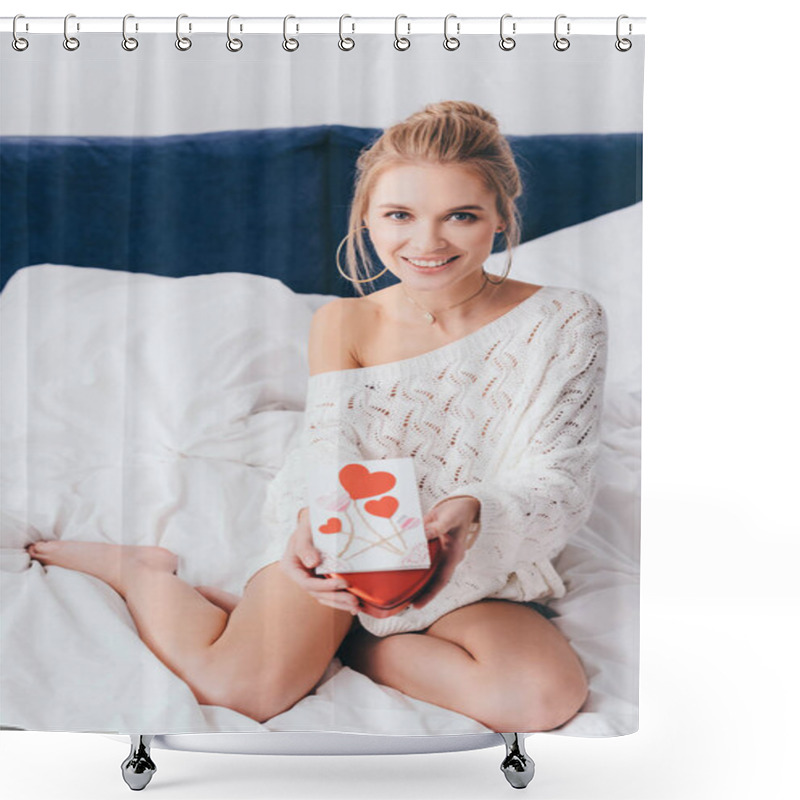 Personality  Attractive Happy Woman Holding Gift Box And Valentine Card On Bed  Shower Curtains