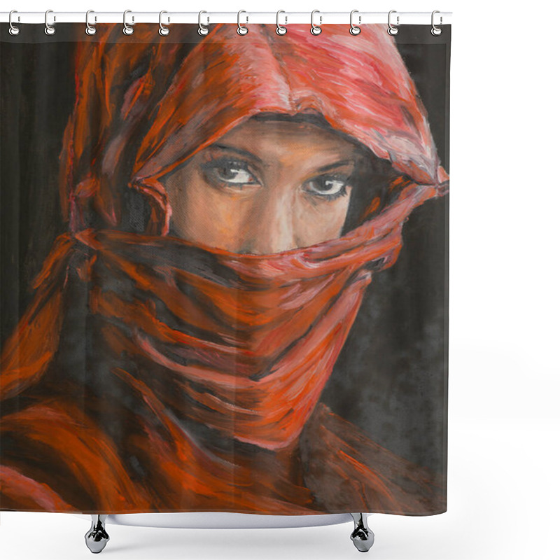 Personality  Oil Painting Illustrating The Portrait Of An Arabic Woman Wearing A Re Hijab Shower Curtains