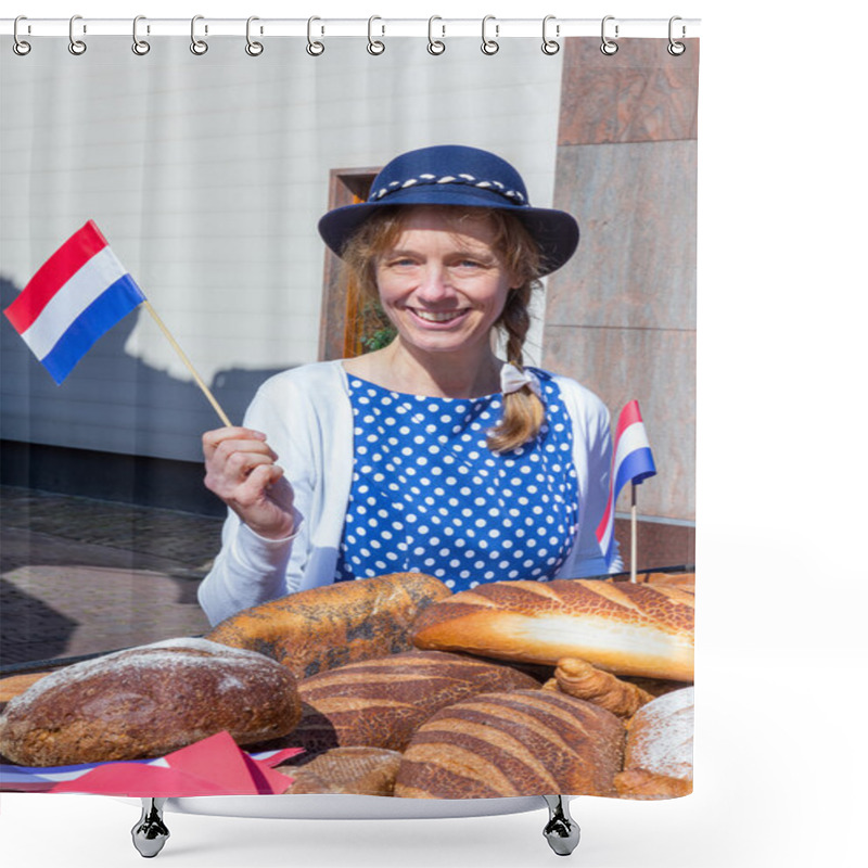 Personality  European Woman With Breads Waving With Dutch Flag Shower Curtains