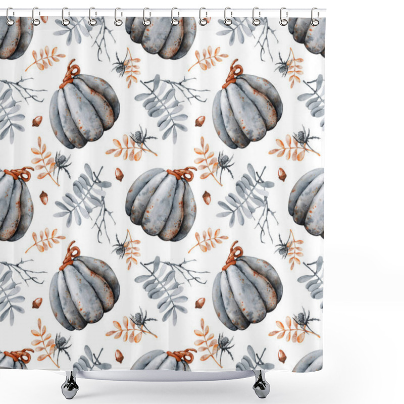 Personality  Autumn Bouquet Of Pumpkins, Sunflower, Berries, Fallen Leaves. Seamless Pattern With Flower Arrangement, Watercolor Illustration On A White Background. Halloween Holiday Design, Thanksgiving, Harvest. Shower Curtains