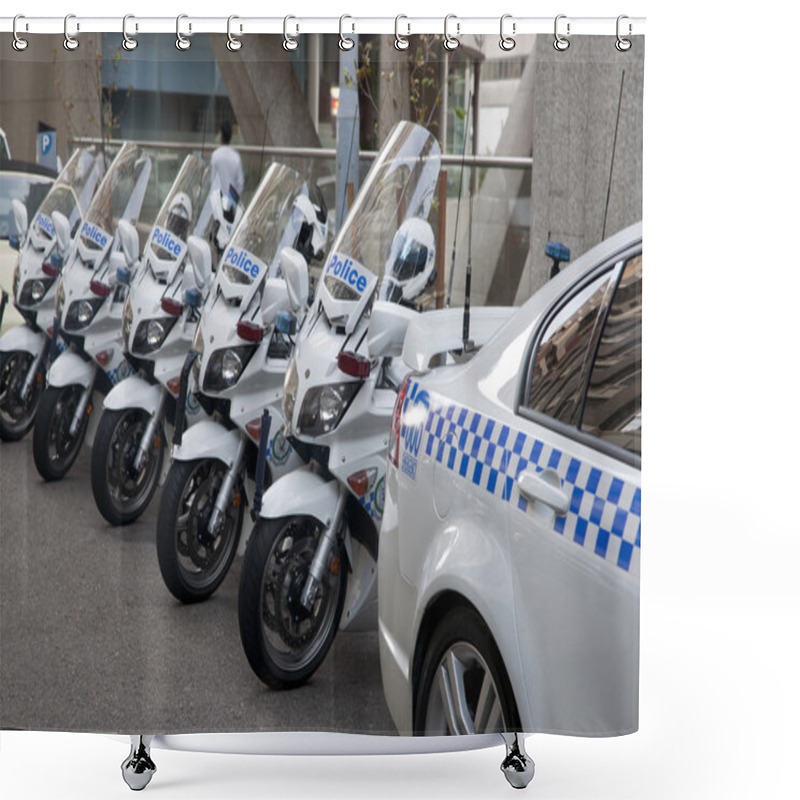 Personality  Police Motorcycles Parked And Police Signage. Shower Curtains