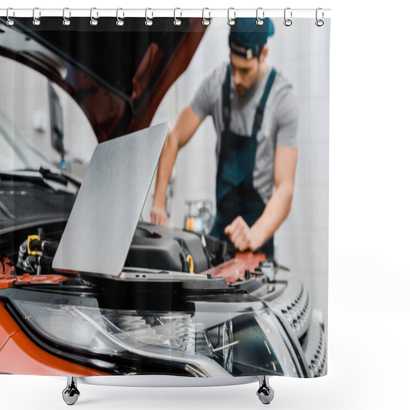 Personality  Selective Focus Of Laptop And Auto Mechanic At Auto Repair Shop Shower Curtains