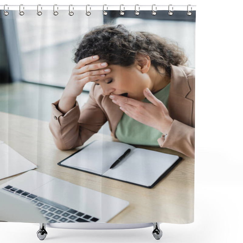 Personality  Tired African American Businesswoman Yawning With Closed Eyes Near Blank Notebook At Workplace Shower Curtains