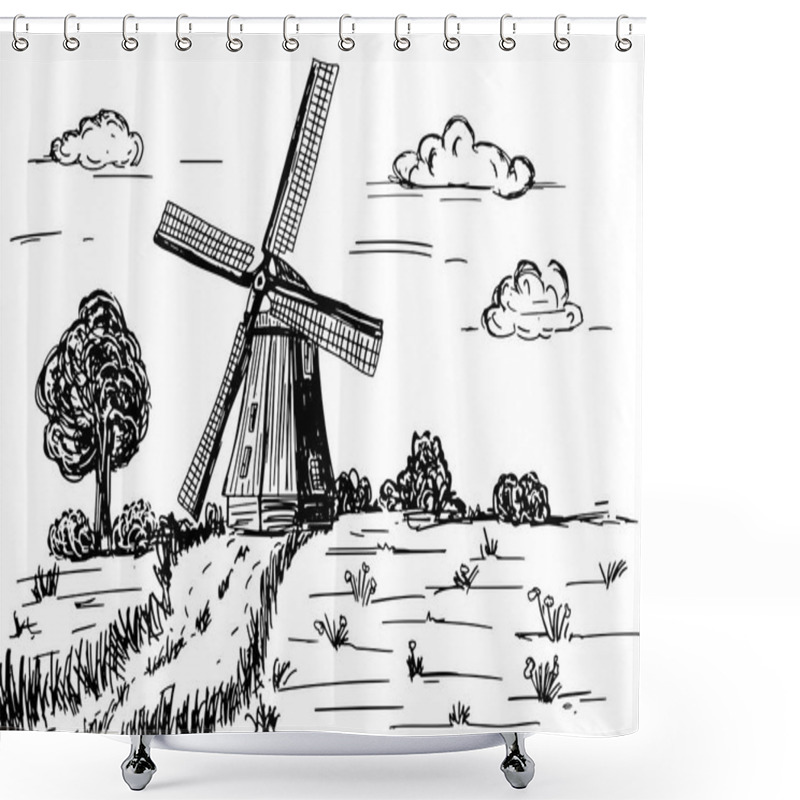 Personality  Handdrawn Doodle Illustration Of A Countryside With Windmill Shower Curtains