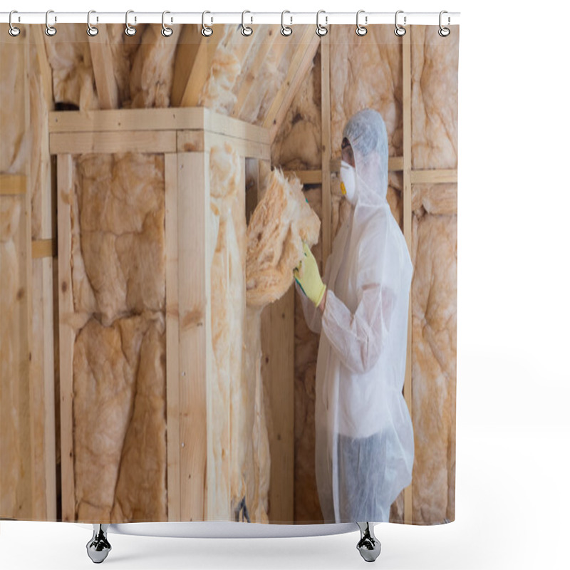 Personality  Worker Filling Walls With Insulation Material Shower Curtains