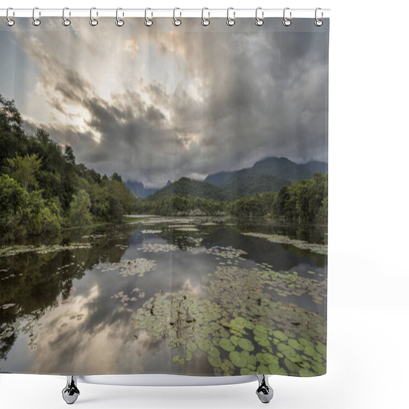 Personality  Beautiful Lake With Mountains And Wild Natural Landscape, Atlantic Rainforest Ecological Reserve In The Countryside Of Rio De Janeiro Near Guapiacu, Brazil Shower Curtains