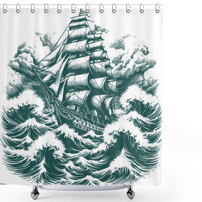 Personality  Retro Illustration Of A Ship With Sails In Stormy Waters Shower Curtains