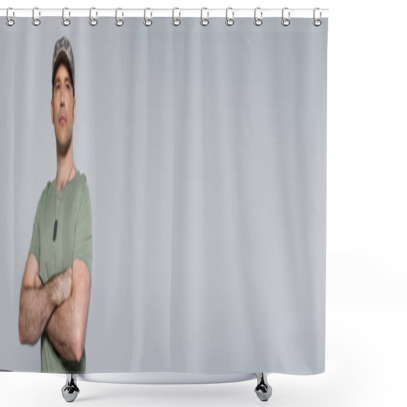 Personality  Military Man In T-shirt And Cap Standing With Folded Arms During Memorial Day Isolated On Grey, Banner  Shower Curtains