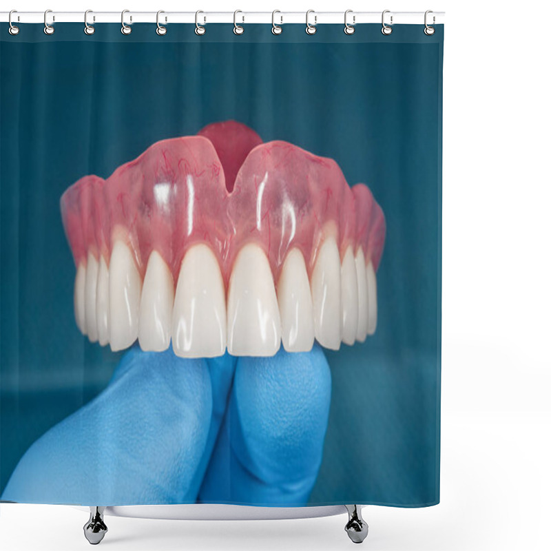 Personality  Denture. Full Removable Denture Of The Upper Jaw Of A Man With W Shower Curtains