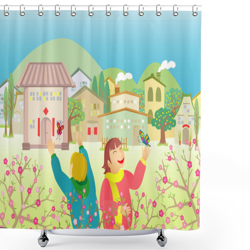 Personality  Kids Chasing Butterflies Shower Curtains