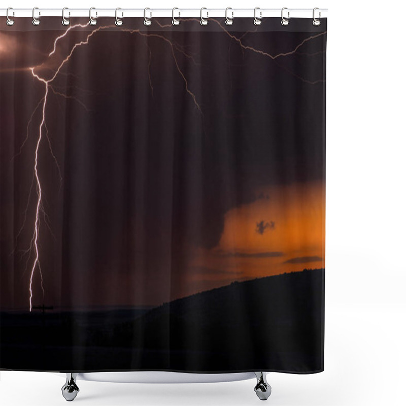 Personality  A Large Lightning Strike At Dusk In An Open Plain Framed Against A Deep, Dark Orange Sunset And Stormy Skies. Shower Curtains