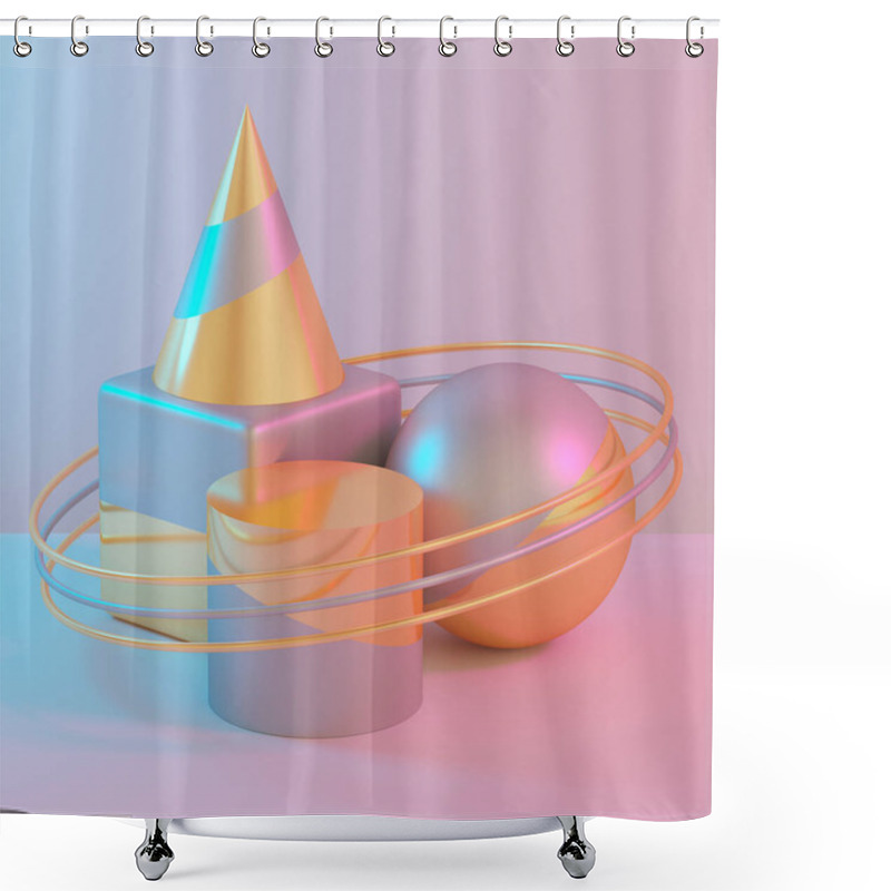 Personality  3d Rendering. Abstract Background, Primitive Geometric Shapes, Simple Mockup. Minimal Design Elements. Silver And Gold Materials Shower Curtains