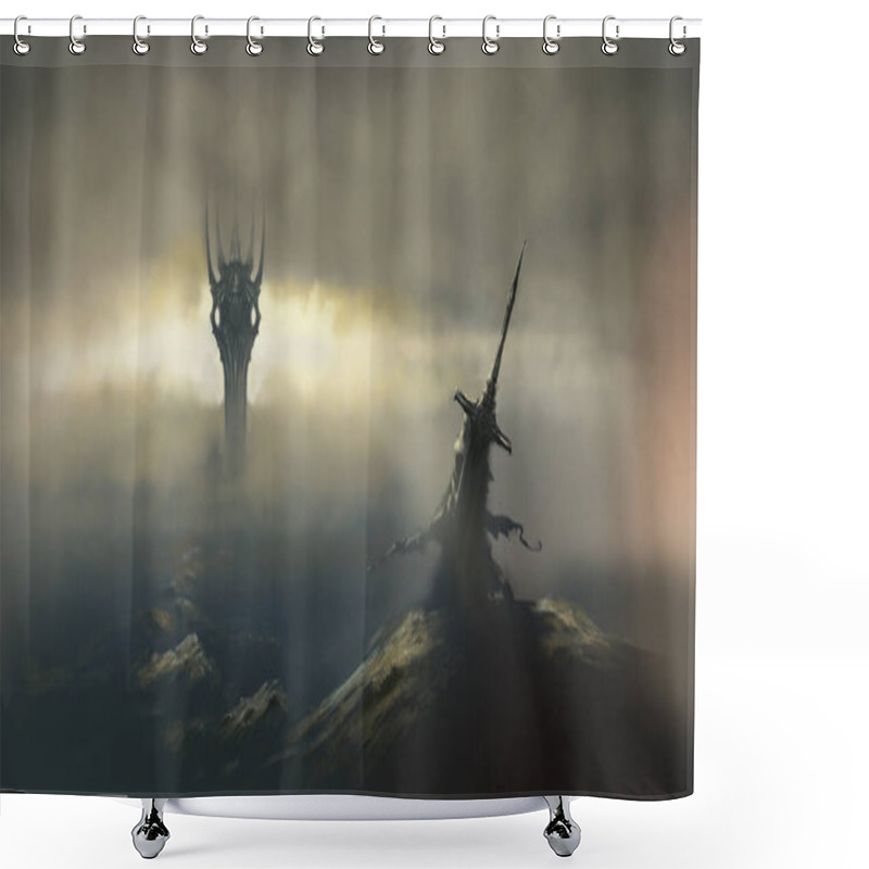 Personality  A Traveler With A Huge Two-handed Sword Behind Him Looks At A Lonely Tower In The Distance, Surrounded By Clouds, A Road Made Of Mountain Stones Leads To It. Digital Art, 2D Illustration, Shower Curtains