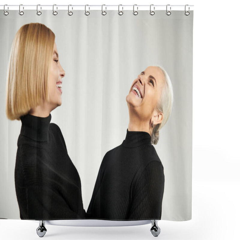 Personality  A Mature Woman And Her Daughter Share A Joyful Moment Filled With Laughter. Shower Curtains