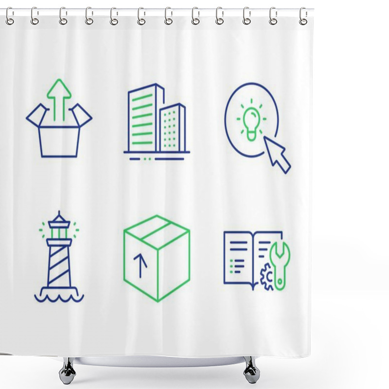 Personality  Energy, Buildings And Lighthouse Icons Set. Package, Send Box And Engineering Documentation Signs. Vector Shower Curtains