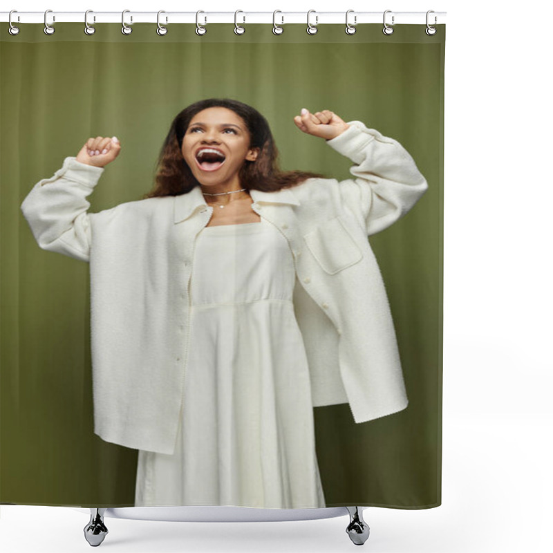 Personality  A Cheerful Woman Expresses Her Excitement While Dressed In A Flowing White Dress And Light Jacket Shower Curtains