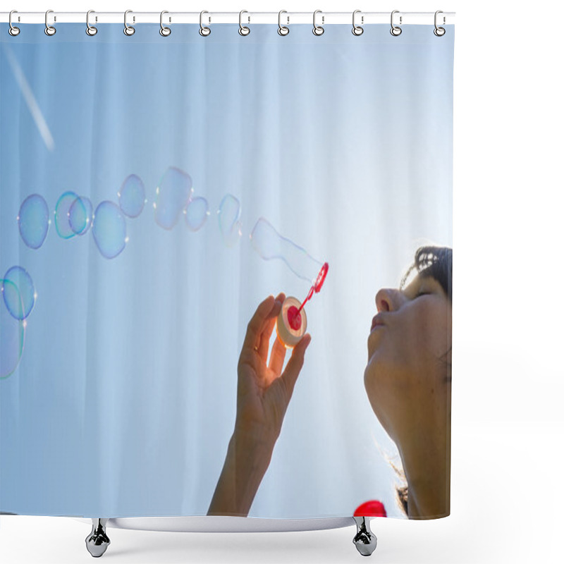 Personality  Woman Celebrating Blowing A Stream Of Bubbles Shower Curtains