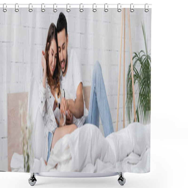 Personality  Happy Interracial Couple Cuddling Jack Russell Terrier In Bed, Banner Shower Curtains