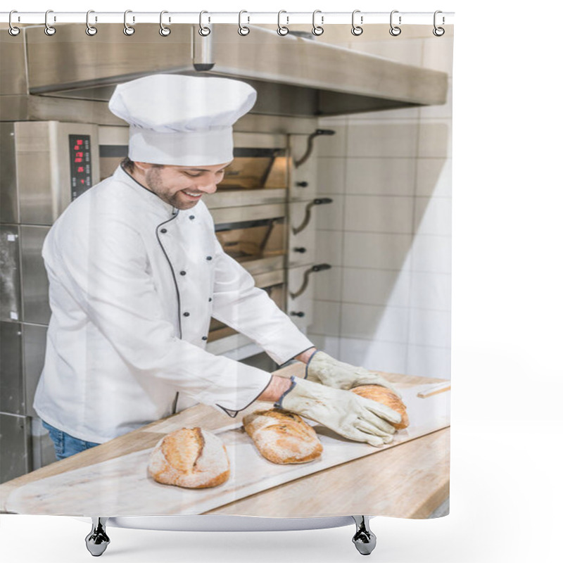 Personality  Smiling Baker Standing Near Oven With Fresh Baked Bread On Wooden Counter Shower Curtains