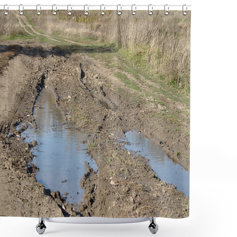 Personality  Dirt Road With Puddles In The Countryside Shower Curtains