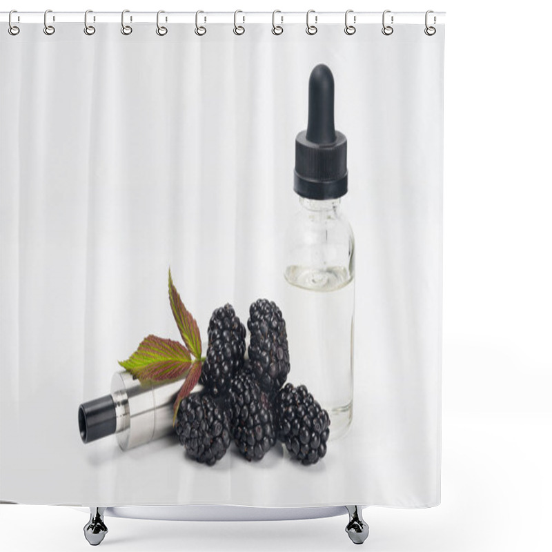 Personality  Electronic Cigarette And Concentrate For It In A Bottle With A Blackberry Taste Next To A Berry On A White Background Shower Curtains