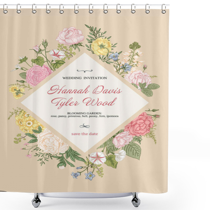 Personality  Frame With Flowers. Blooming  Garden. Vector Illustration. Shower Curtains