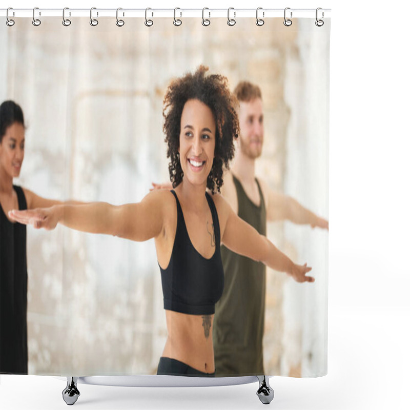 Personality  Smiling Young African Woman Doing Yoga Exercises Shower Curtains