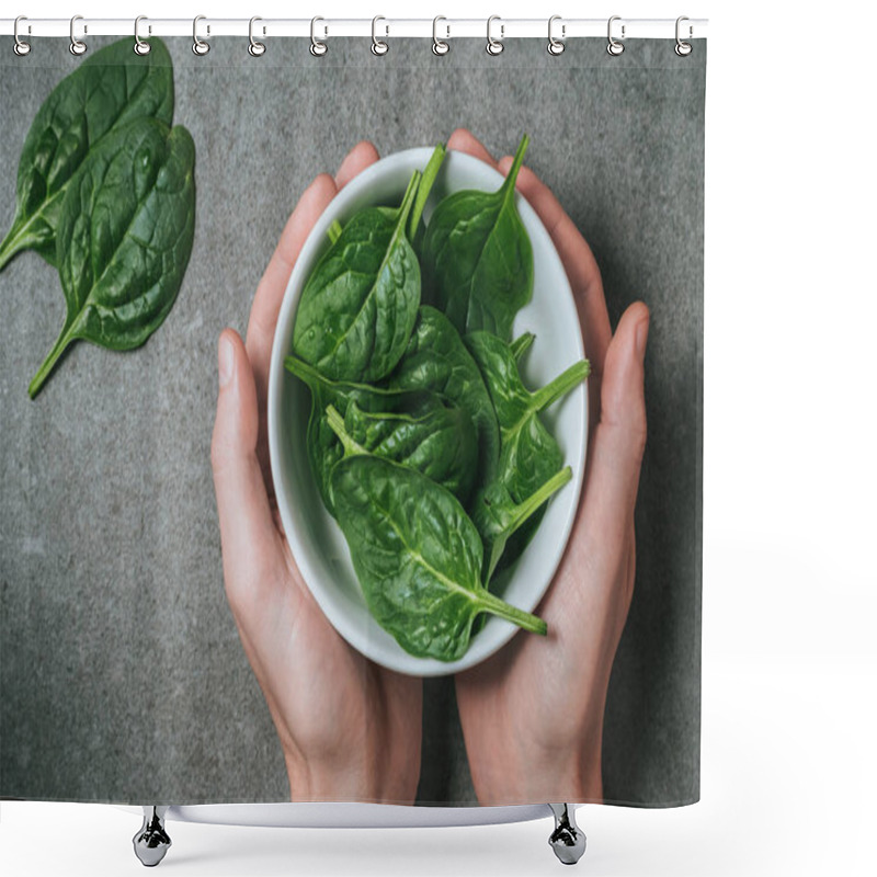 Personality  Top View Of Male Hands Holding Spinach Leaves In Bowl  Shower Curtains