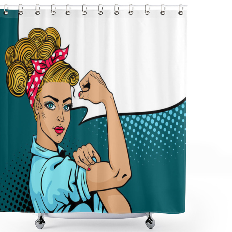 Personality  Pop Art Sexy Strong Woman. Classical American Symbol Of Female Power, Woman Rights, Protest, Feminism. Vector Colorful Hand Drawn Background In Retro Comic Style. We Can Do It Poster. Shower Curtains