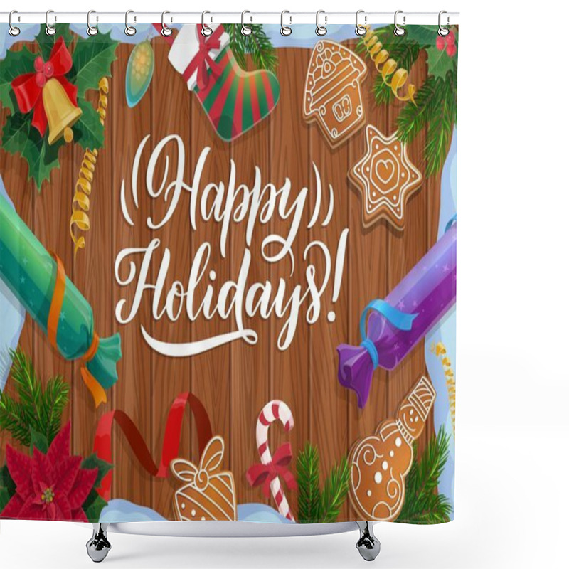 Personality  Christmas Gifts And Bell With Xmas Tree Wreath Shower Curtains