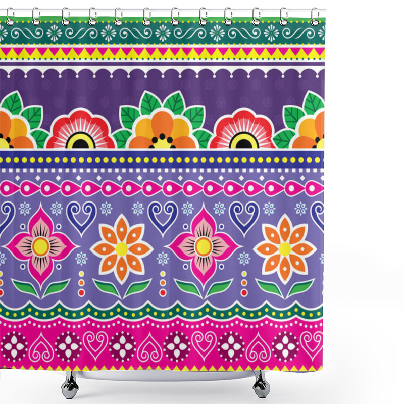 Personality  Pakistani Or Indian Truck Art Vector Seamless Pattern With Flowers And Leaves, Jingle Truck Floral Design In Pink And Purple  Shower Curtains