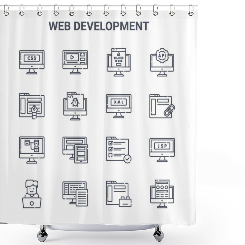 Personality  Set Of 16 Web Development Concept Vector Line Icons. 64x64 Thin Stroke Icons Such As Video, De, Link, Testing, Backend, Landing Page, Plugin, Xml, Api Shower Curtains