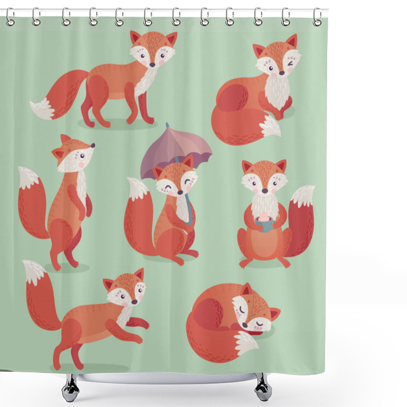 Personality  Fox Set Hand Drawn Style. Cute Woodland Characters Playing, Sleeping, Relaxing And Having Fun. Vector Illustration. Shower Curtains