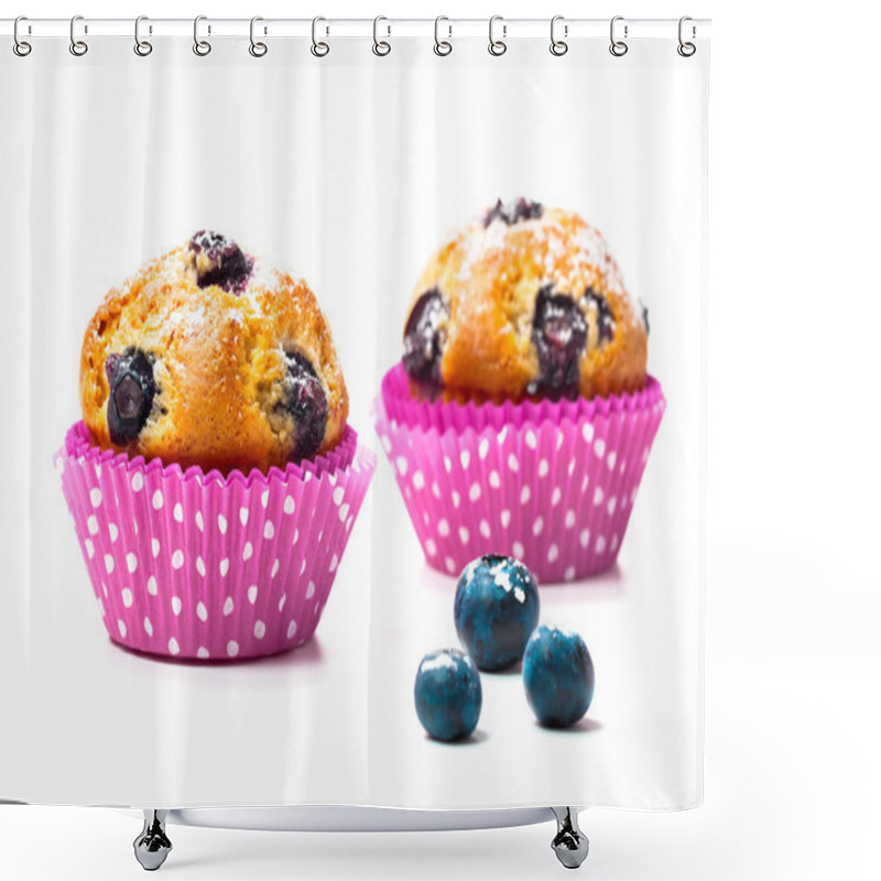 Personality  Blueberry Muffins With Berry On White Background Shower Curtains