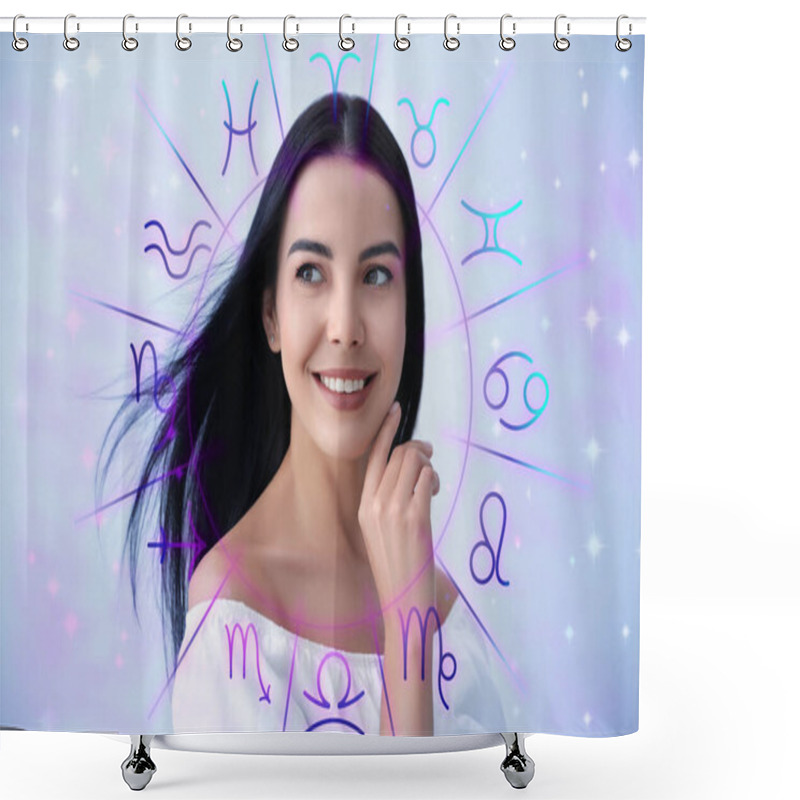 Personality  Beautiful Young Woman And Illustration Of Zodiac Wheel With Astrological Signs On Light Background Shower Curtains