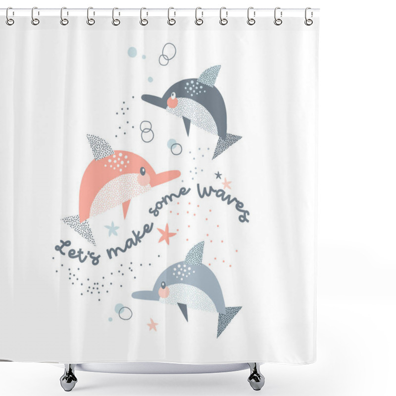 Personality  Flock Of Dolphins With Water Bubbles Vector Illustration Shower Curtains