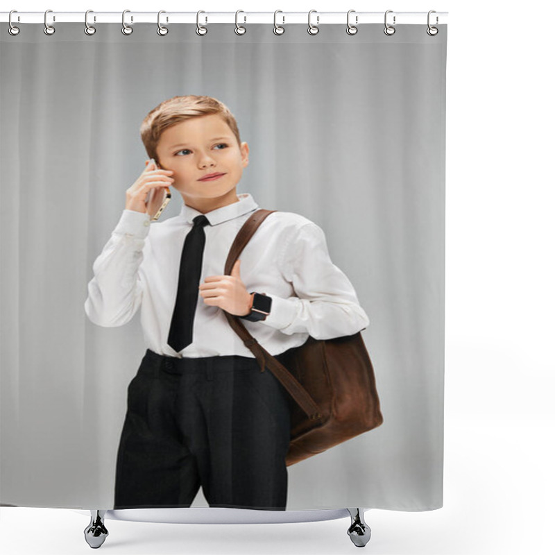 Personality  Preadolescent Boy In White Shirt And Tie Against Gray Backdrop, Exuding Elegance And Charm. Shower Curtains