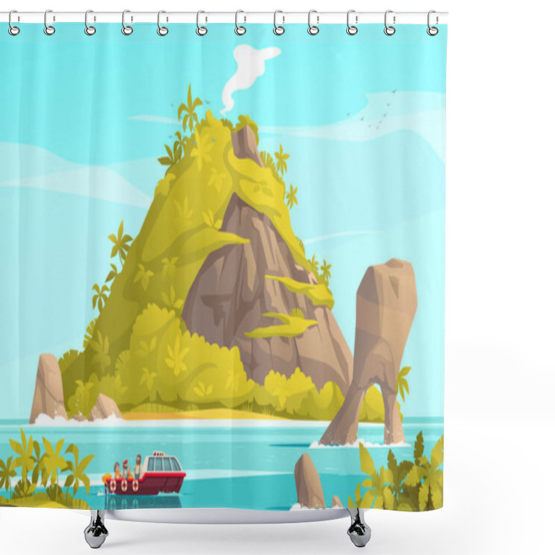 Personality  Tropical Island Cartoon Poster With Tourist Boat At Sea Vector Illustration Shower Curtains