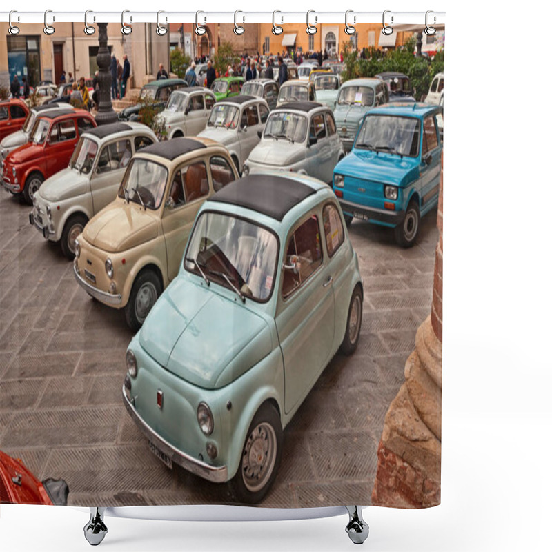 Personality  Italian Classic Cars Fiat 500 Parked In The Main Square During The 24th Meeting Auto Vintage In November 11, 2018 In Bagnacavallo, RA, Italy Shower Curtains