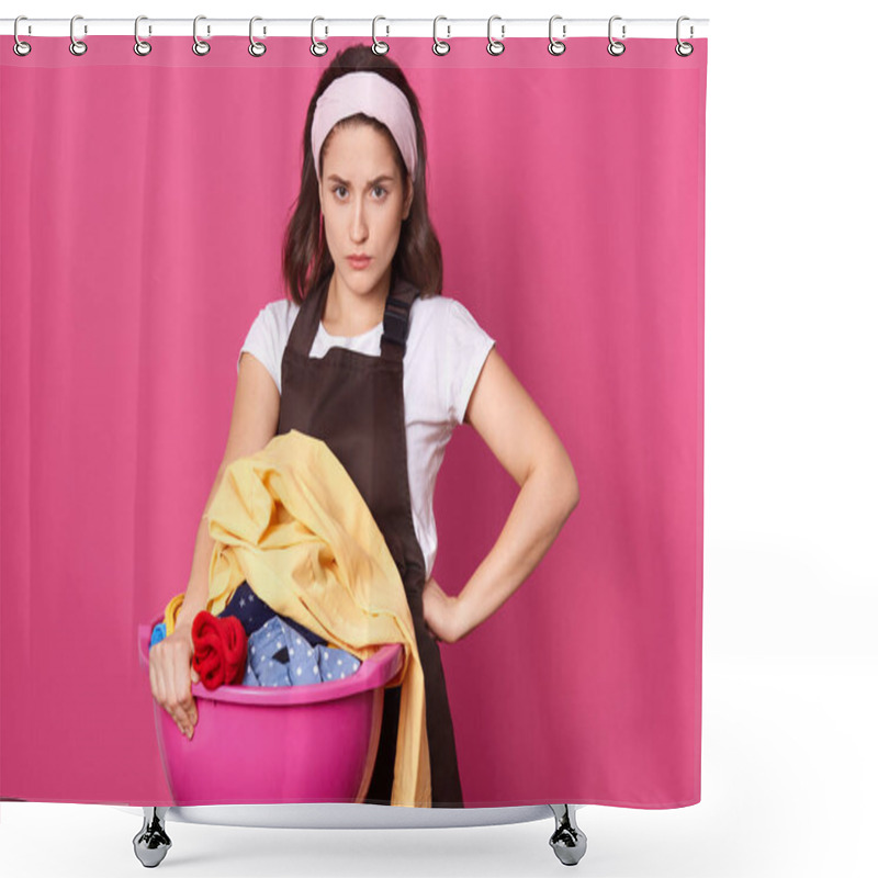 Personality  Image Of Young Housewife With Frowned Face Putting One Hand On Waist, Holding Laundry In Her Basin, Having Unpleasant Facial Expression, Being Busy With House Chores, Isolated Over Pink Background. Shower Curtains