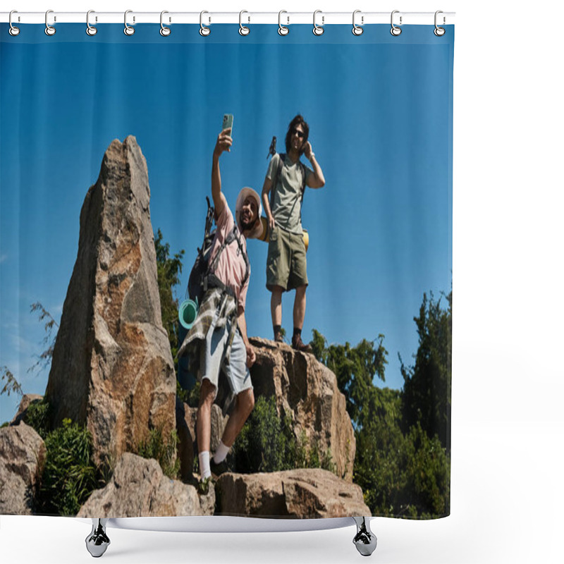 Personality  Two Young Gay Men Hike And Take A Selfie On A Rocky Mountaintop During A Summer Day. Shower Curtains