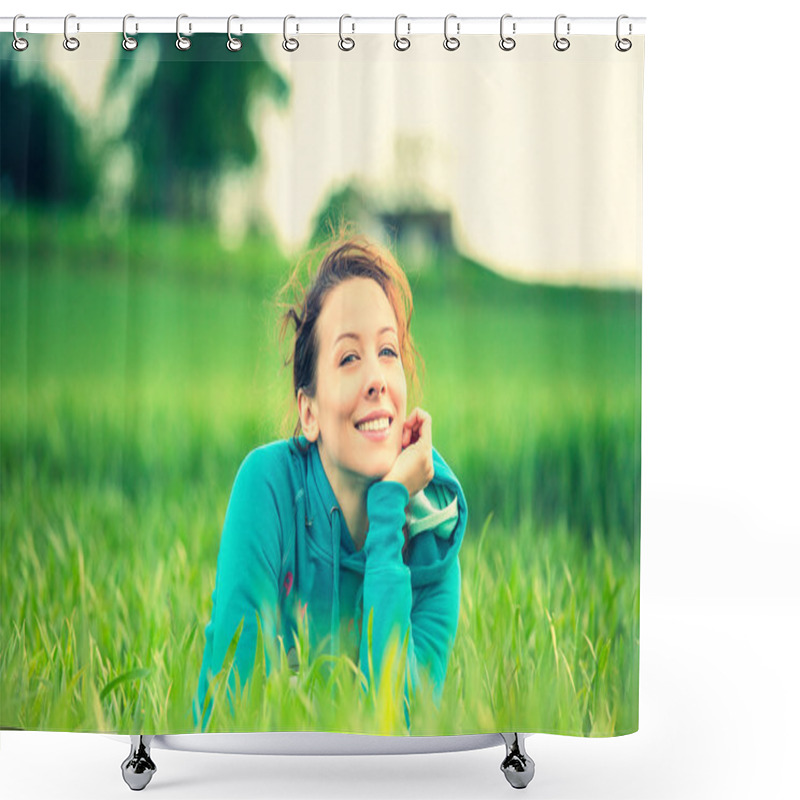 Personality  Beautiful Spring Summer Young Woman Outdoors Enjoying Nature Shower Curtains