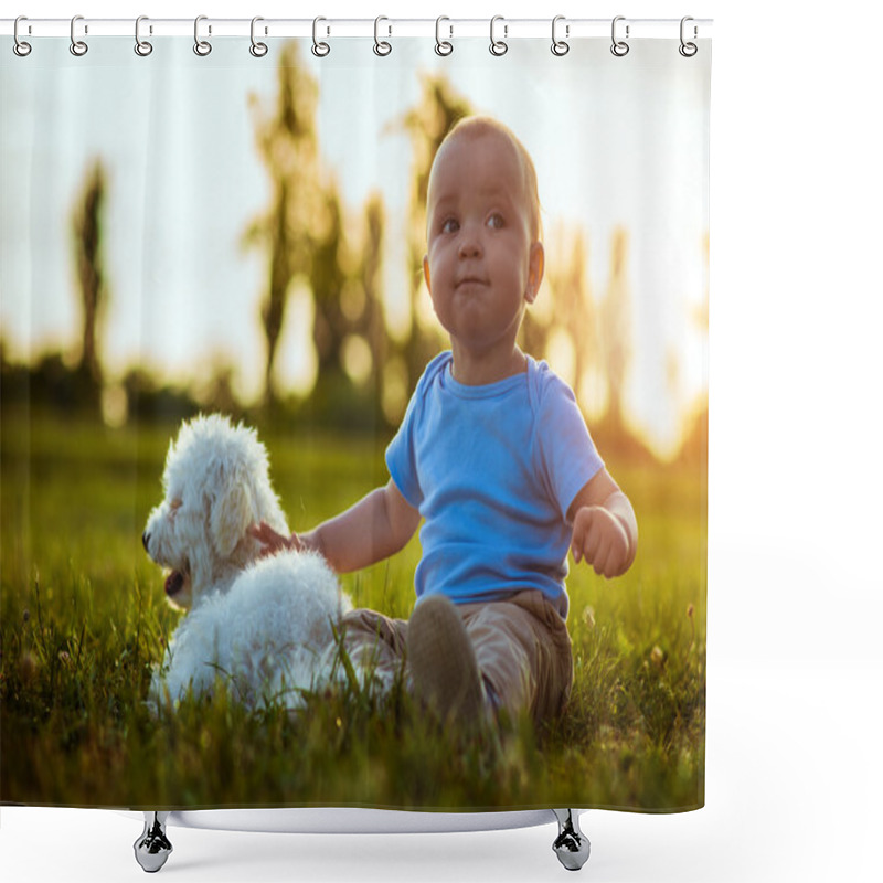 Personality  Happy Child With A Dog Shower Curtains